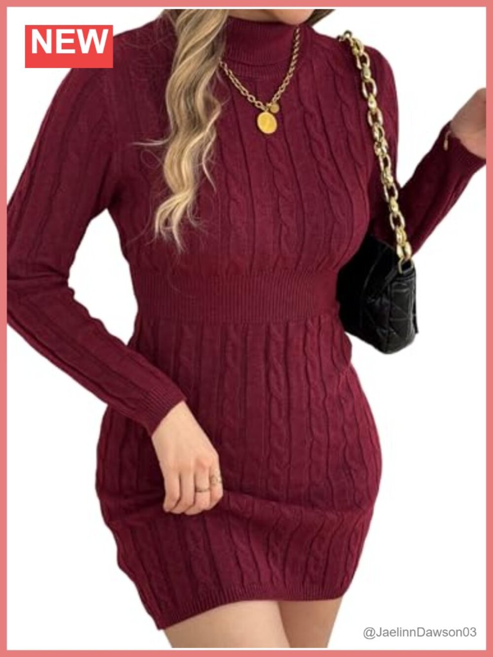 Cable Knit Turtleneck Sweater Dress Knee Length Long Sleeve Elastic Waist